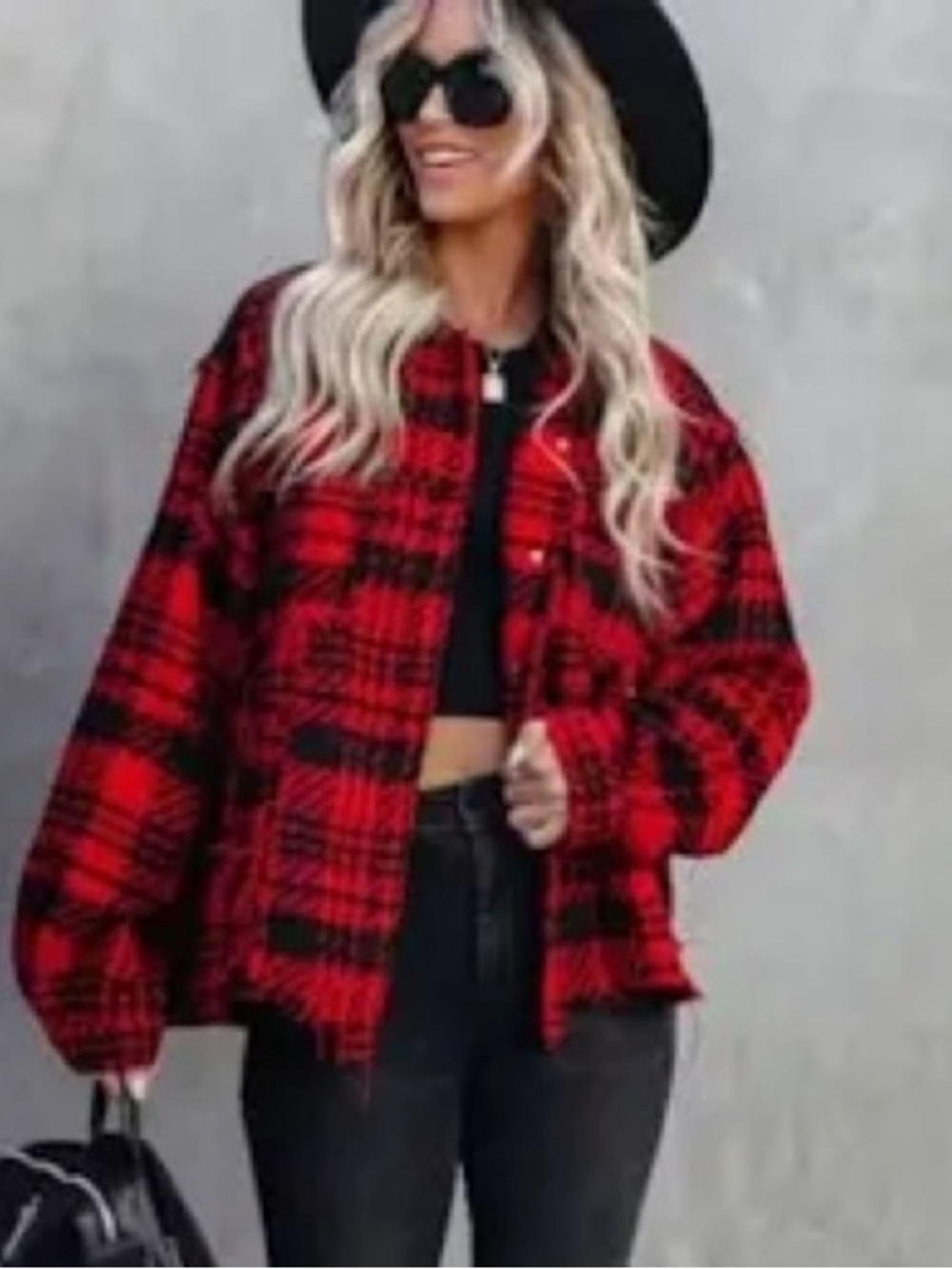 VICI South Lake Frayed Plaid Shacket in Red and Black Medium M